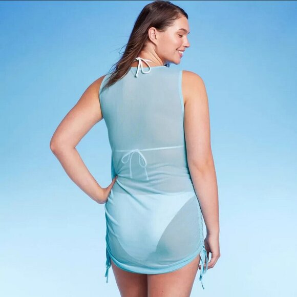 Women's Mesh Drawstring Ruched Sleeveless Cover Up Dress - Wild Fable Blue XS - Picture 3 of 4